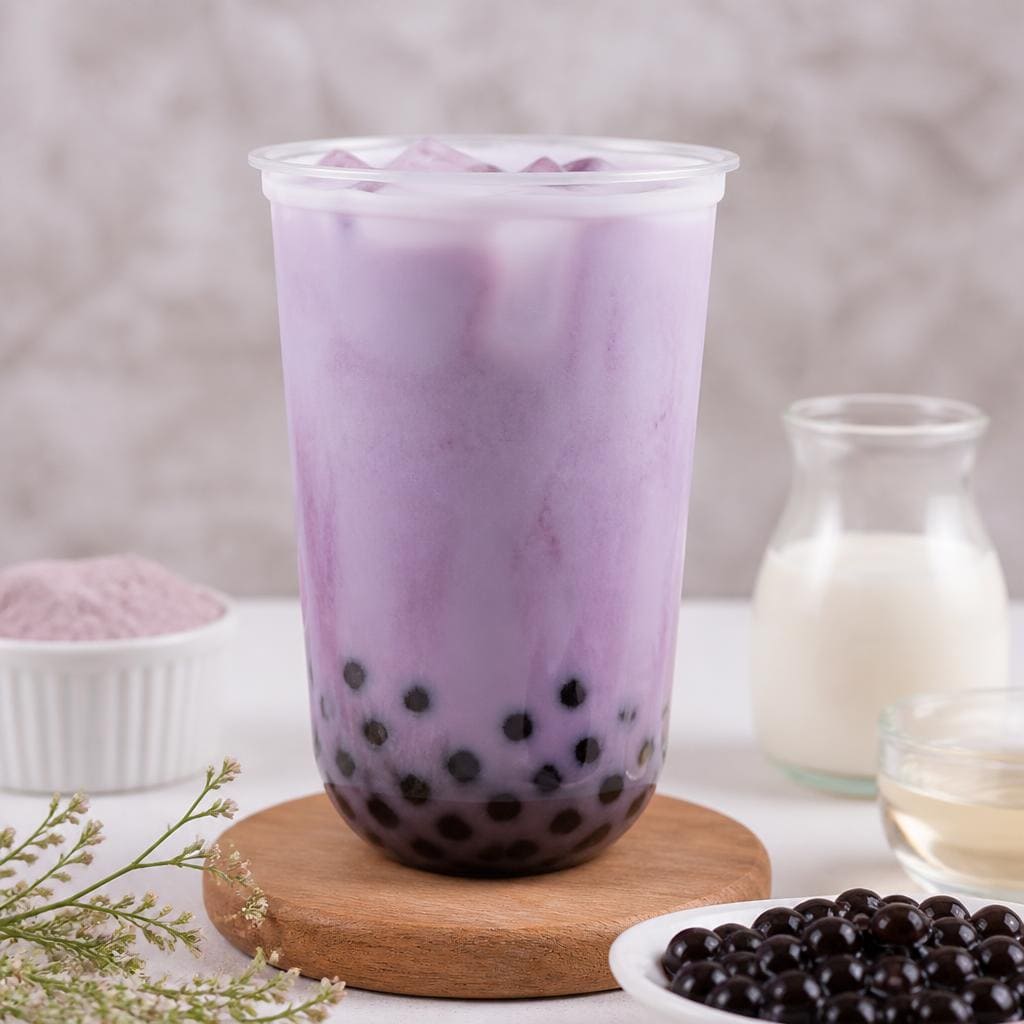 Es Taro Bubble Kopi Ruang Hati dengan taro powder boba susu dan sirup gula